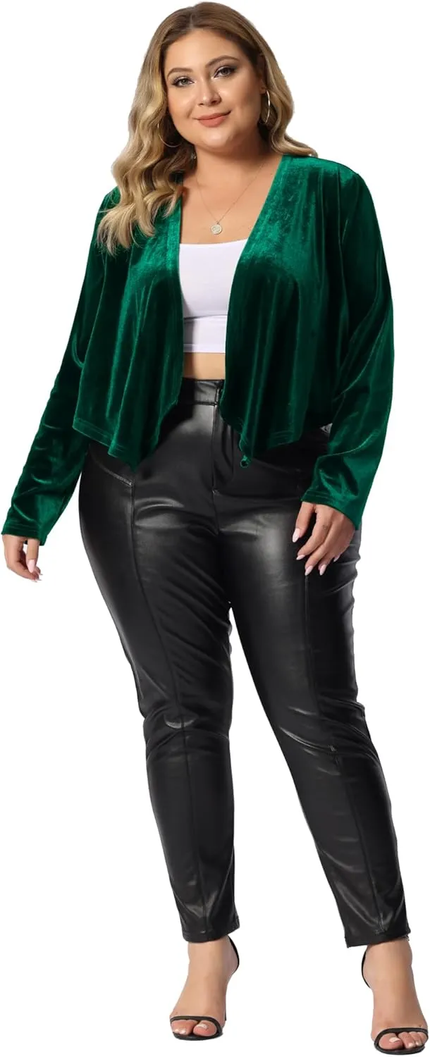 Agnes Orinda Plus Size Velvet Cardigan for Women Open Front Long Sleeve Cropped Jacket Cardigans
