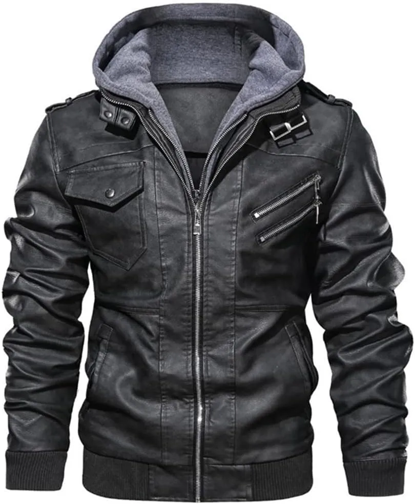 Alloaone Men's Leather Jackets Motorcycle Leather Hooded Coats Business PU Biker Leather Jackets