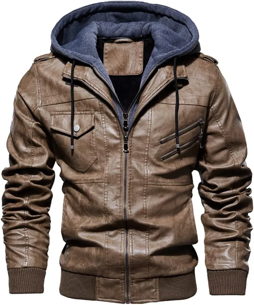 Alloaone Men's Leather Jackets Motorcycle Leather Hooded Coats Business PU Biker Leather Jackets