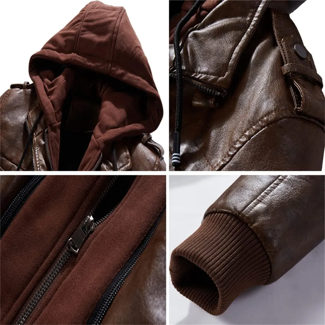 Alloaone Men's Leather Jackets Motorcycle Leather Hooded Coats Business PU Biker Leather Jackets