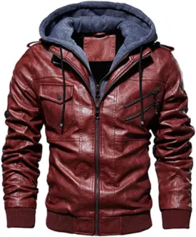Alloaone Men's Leather Jackets Motorcycle Leather Hooded Coats Business PU Biker Leather Jackets
