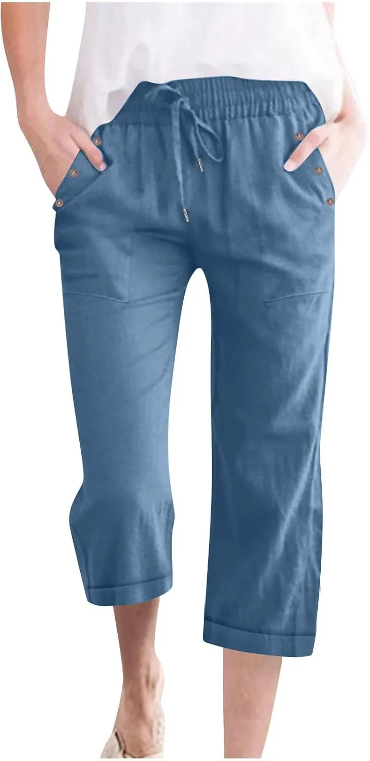 Anjikang Womens Capris for Summer Plus Size Lightweight Linen Capri Pants High Waisted Wide Leg Cropped Pants with Pockets