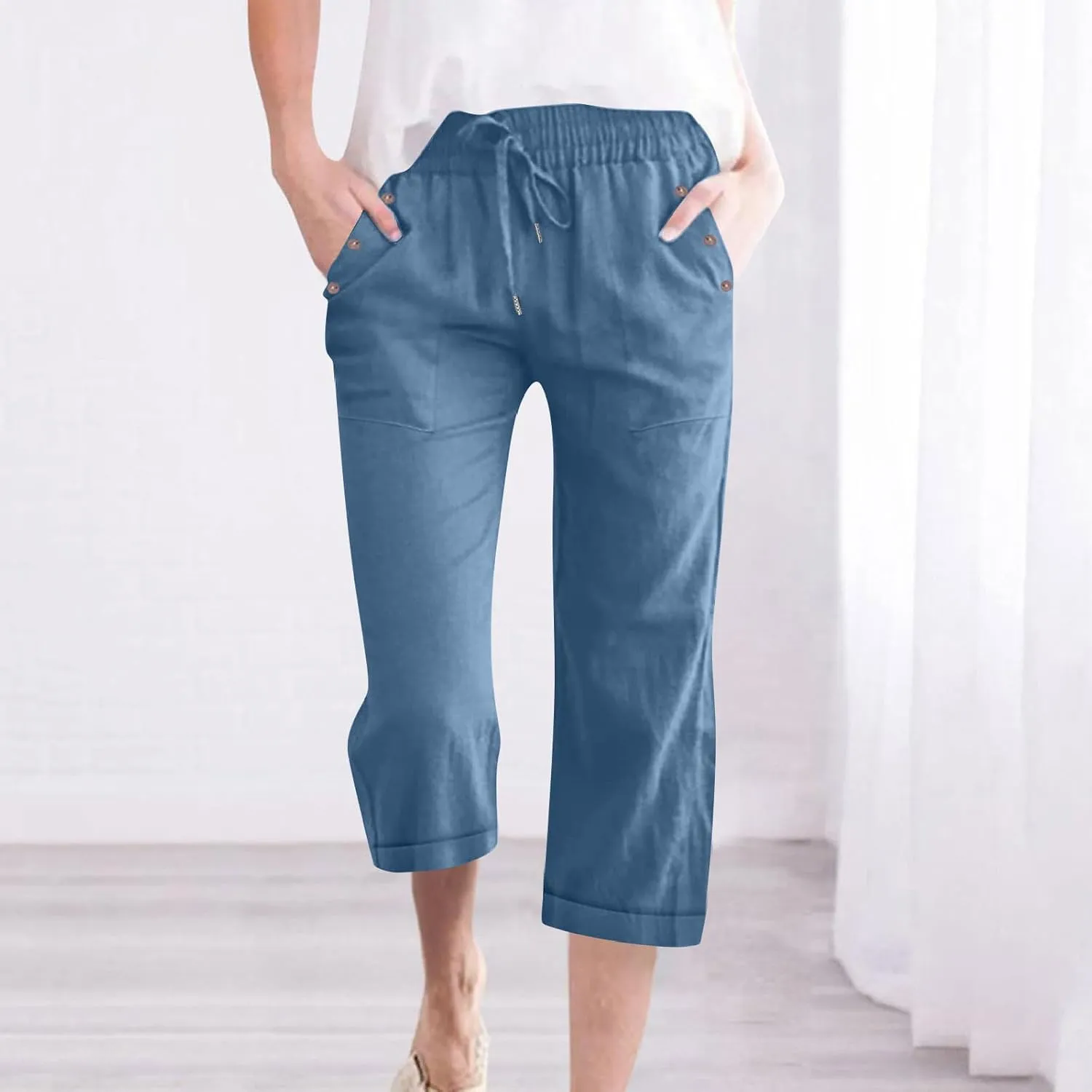 Anjikang Womens Capris for Summer Plus Size Lightweight Linen Capri Pants High Waisted Wide Leg Cropped Pants with Pockets