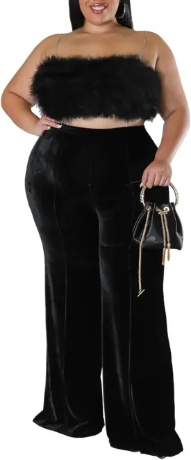 Aro Lora Womens Plus Size Velvet High Waist Bell Bottom Wide Leg Palazzo Flare Pant Trouser