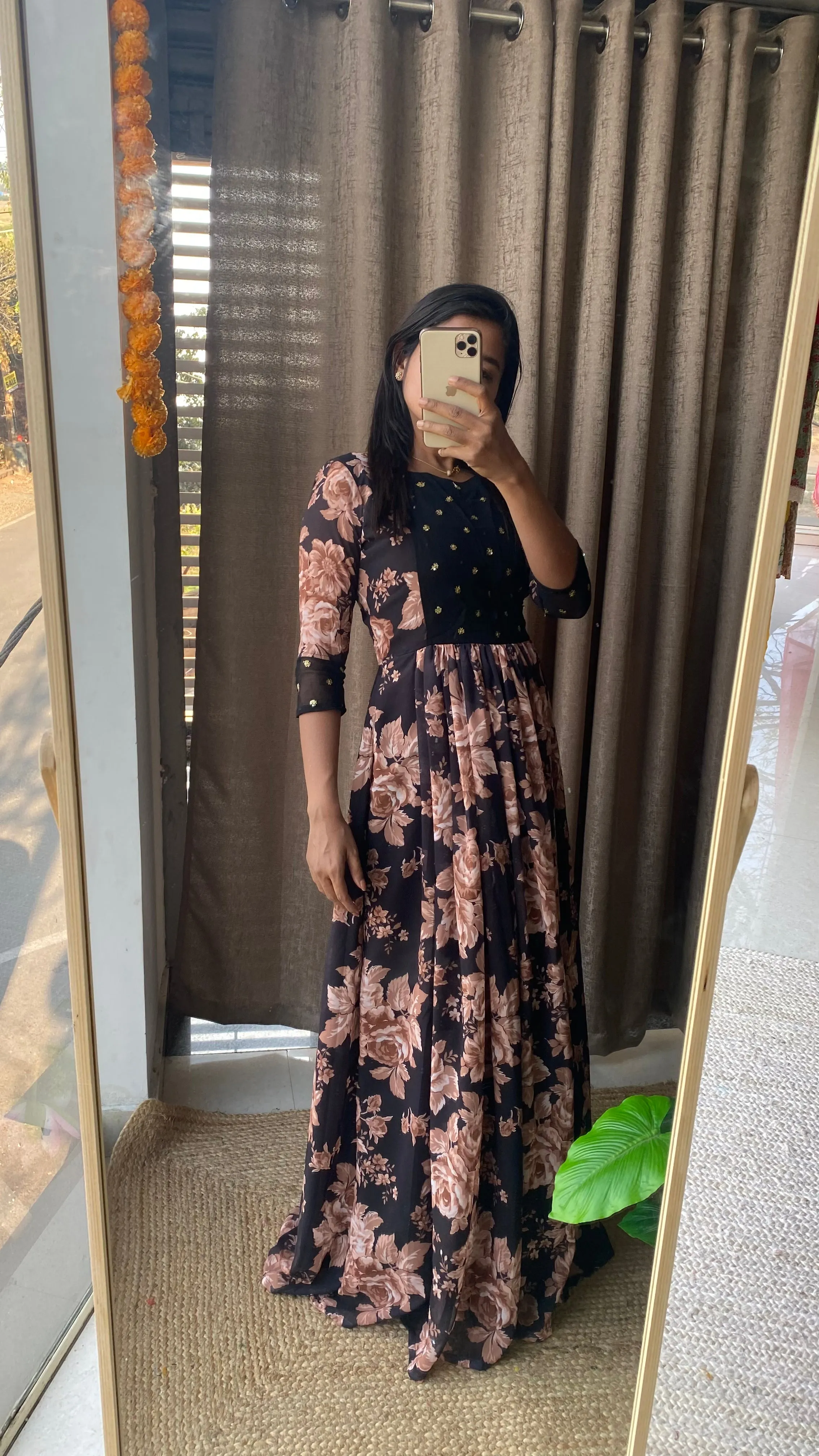 Black floral georgette full length dress