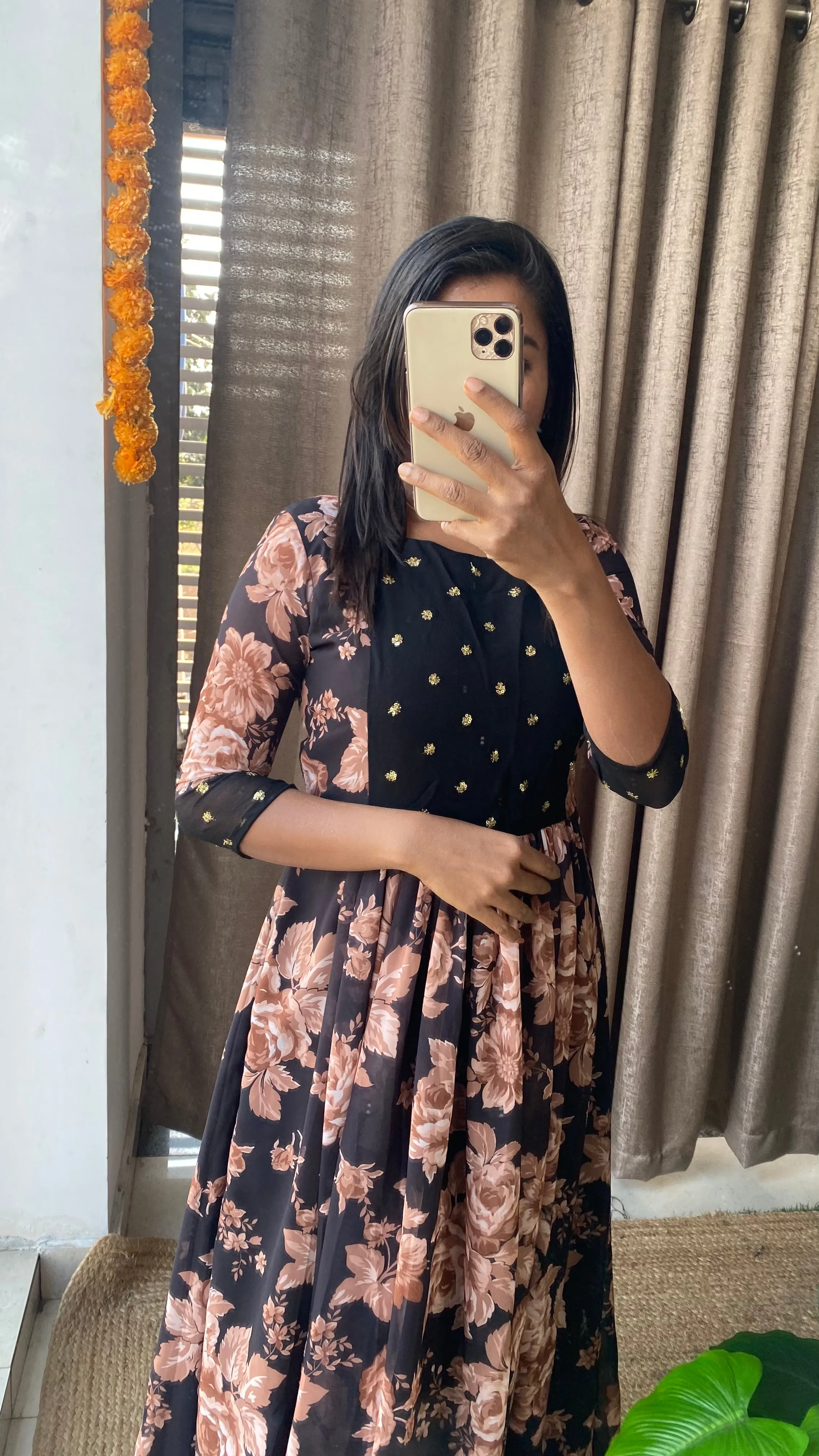 Black floral georgette full length dress