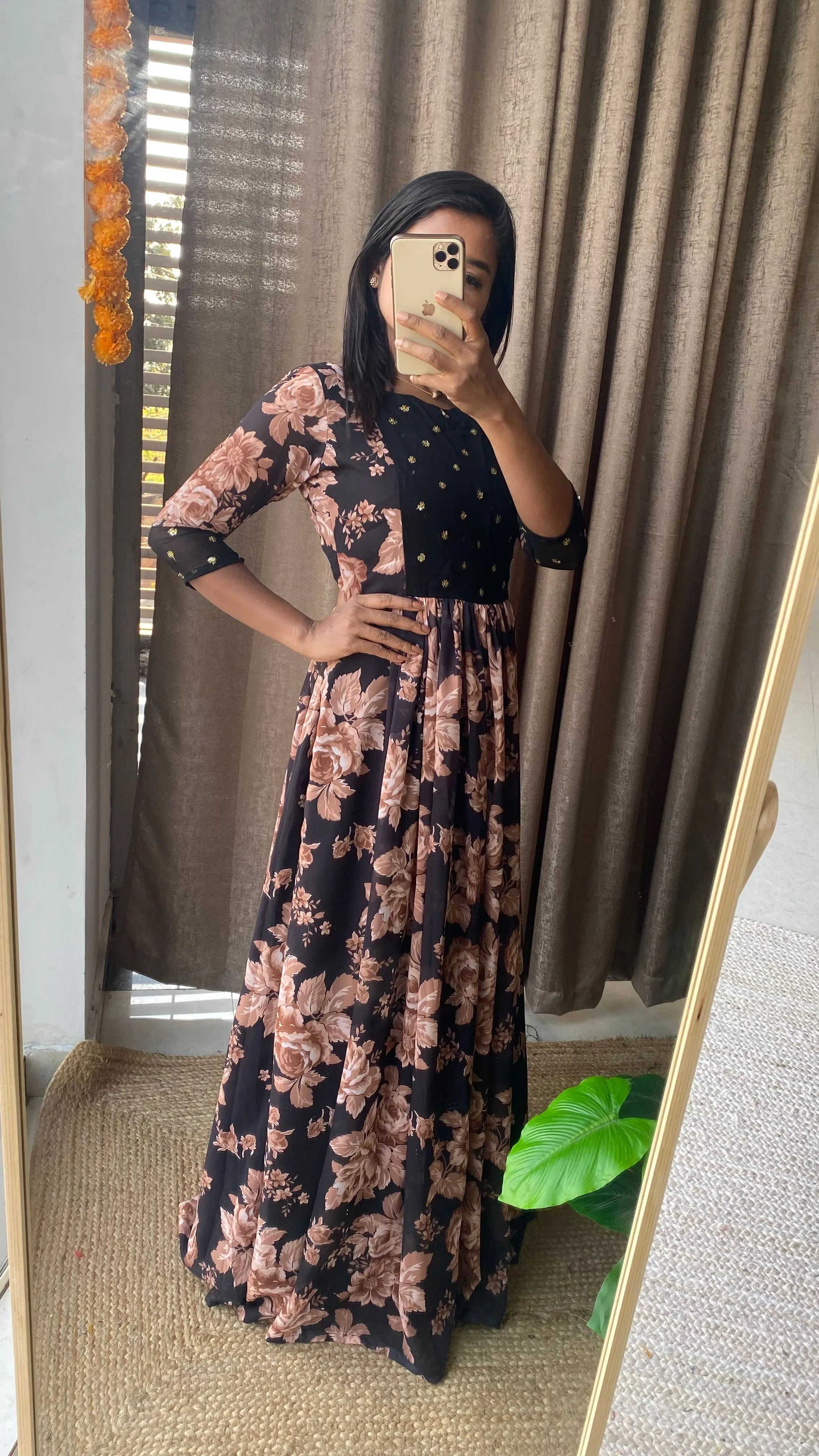 Black floral georgette full length dress