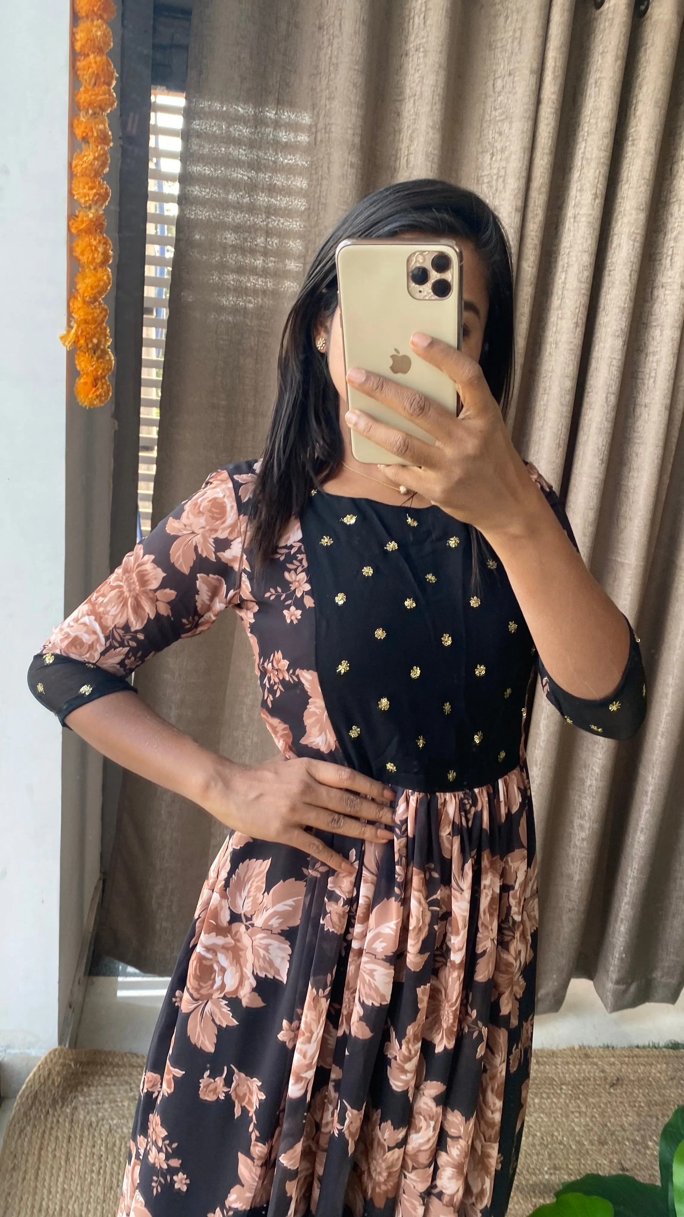 Black floral georgette full length dress