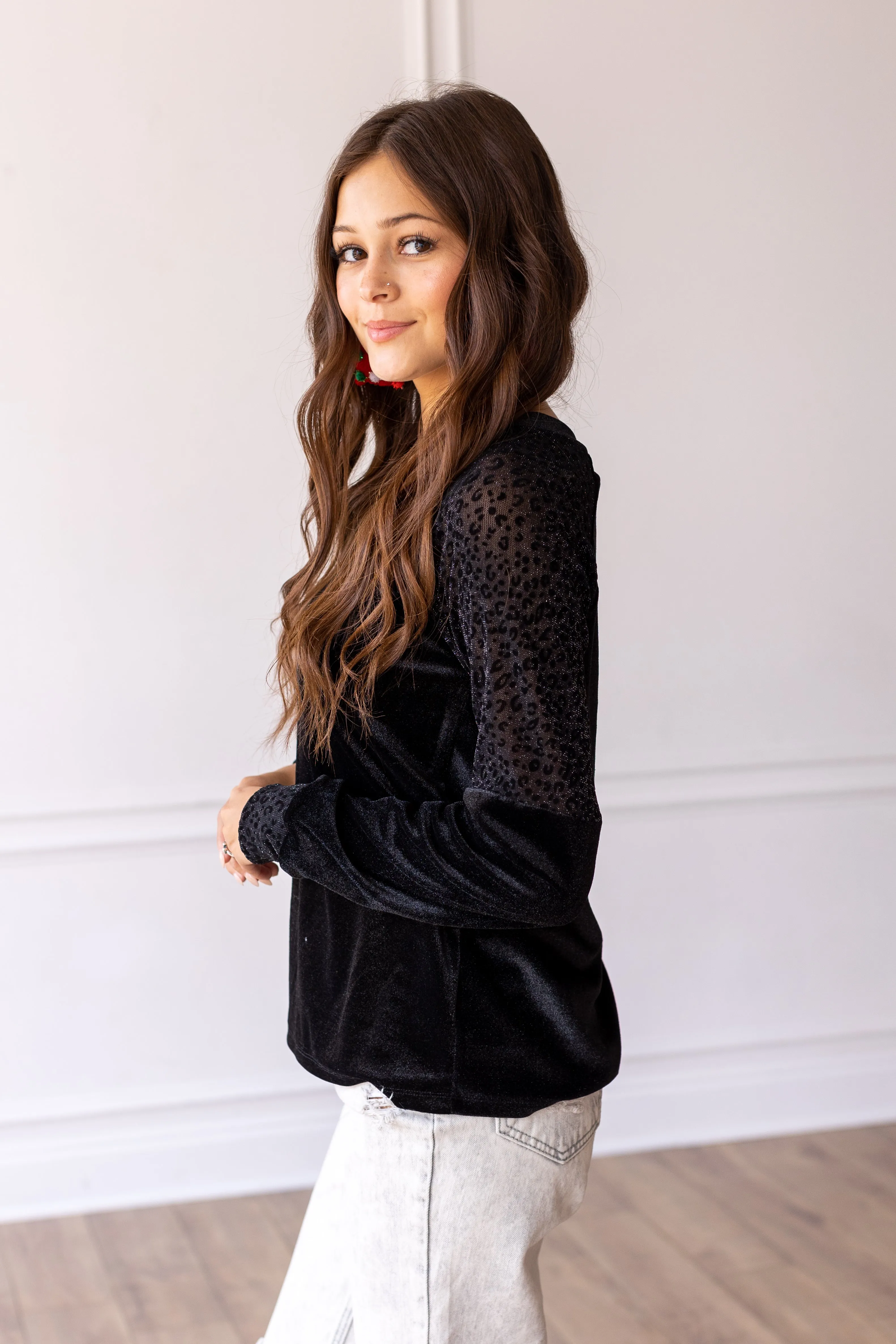Black Velvet Top with Burnout Leopard Details