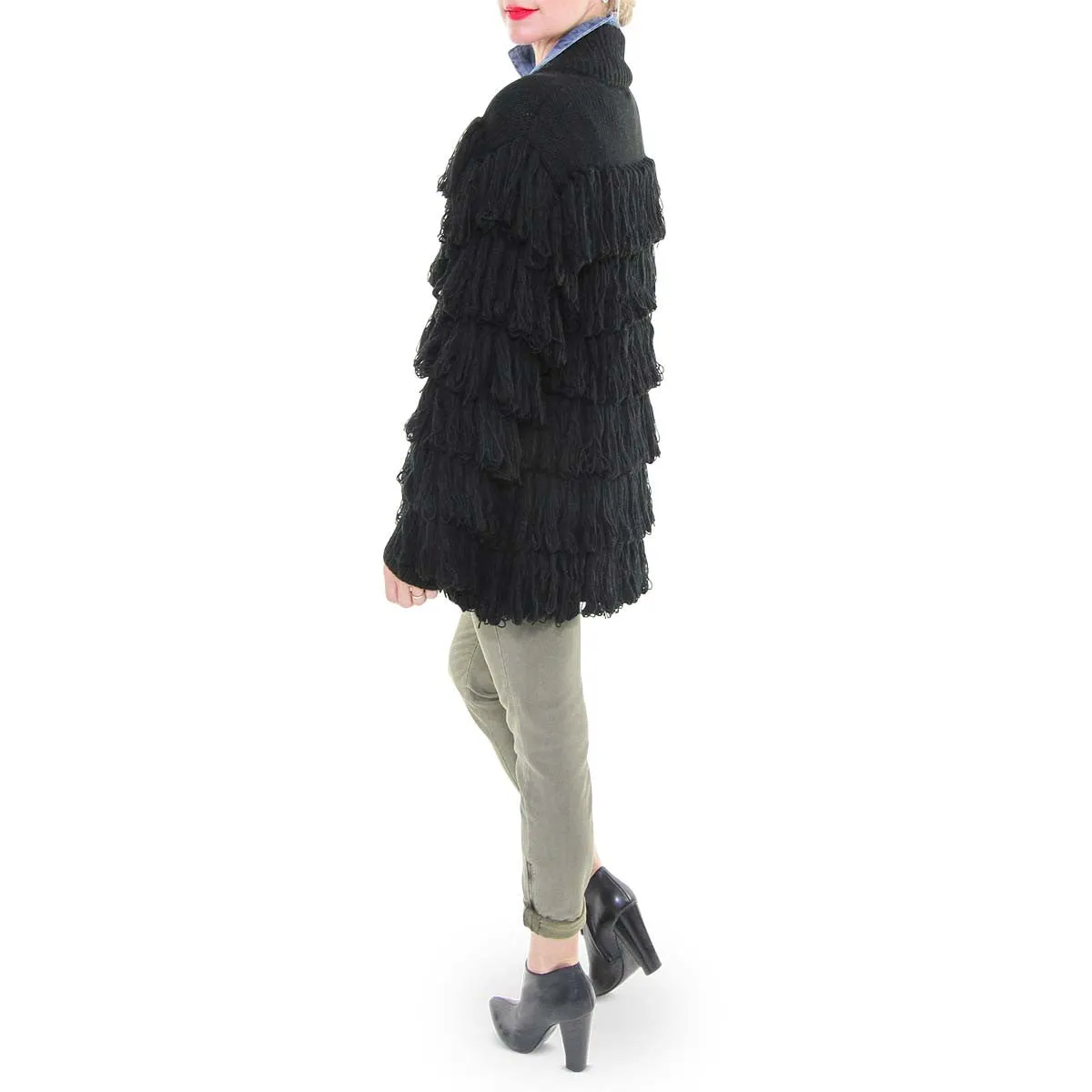Button Up Fringe Sweater Coat - Black