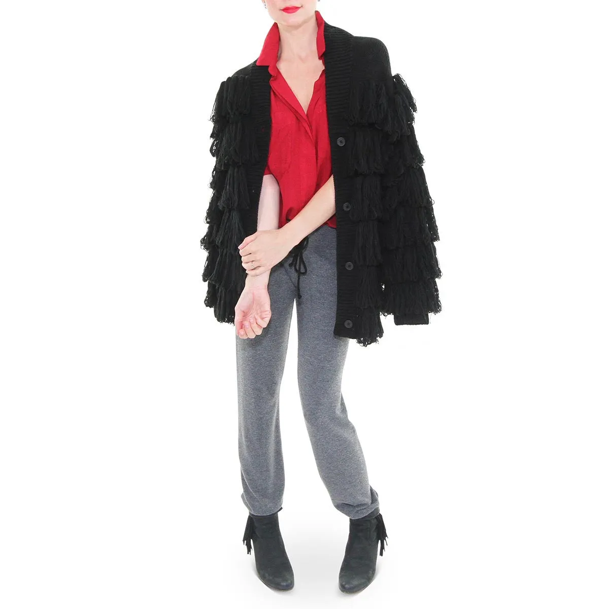 Button Up Fringe Sweater Coat - Black
