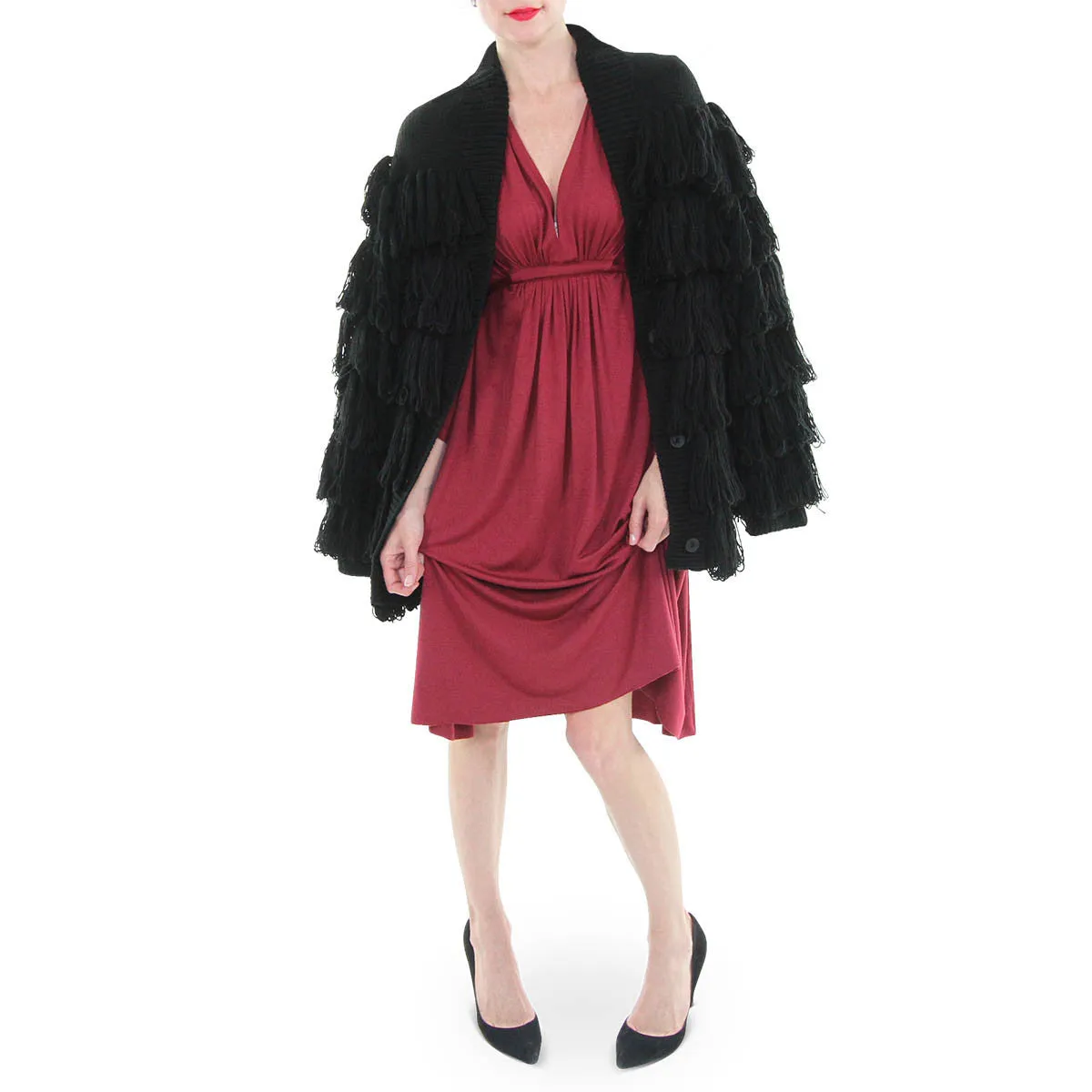 Button Up Fringe Sweater Coat - Black