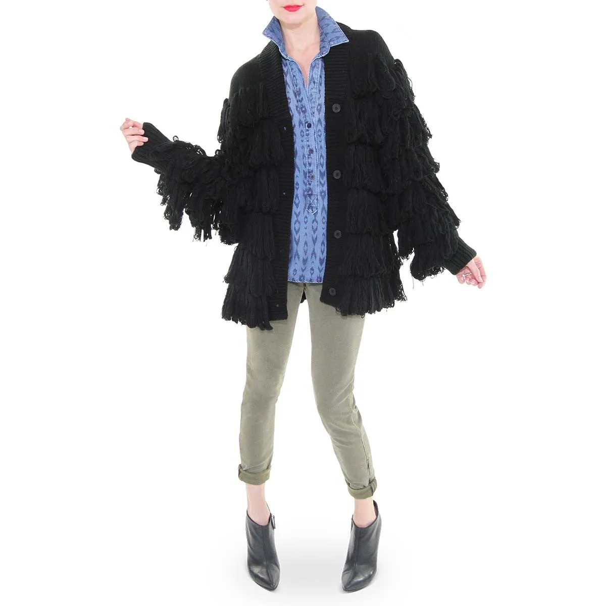 Button Up Fringe Sweater Coat - Black