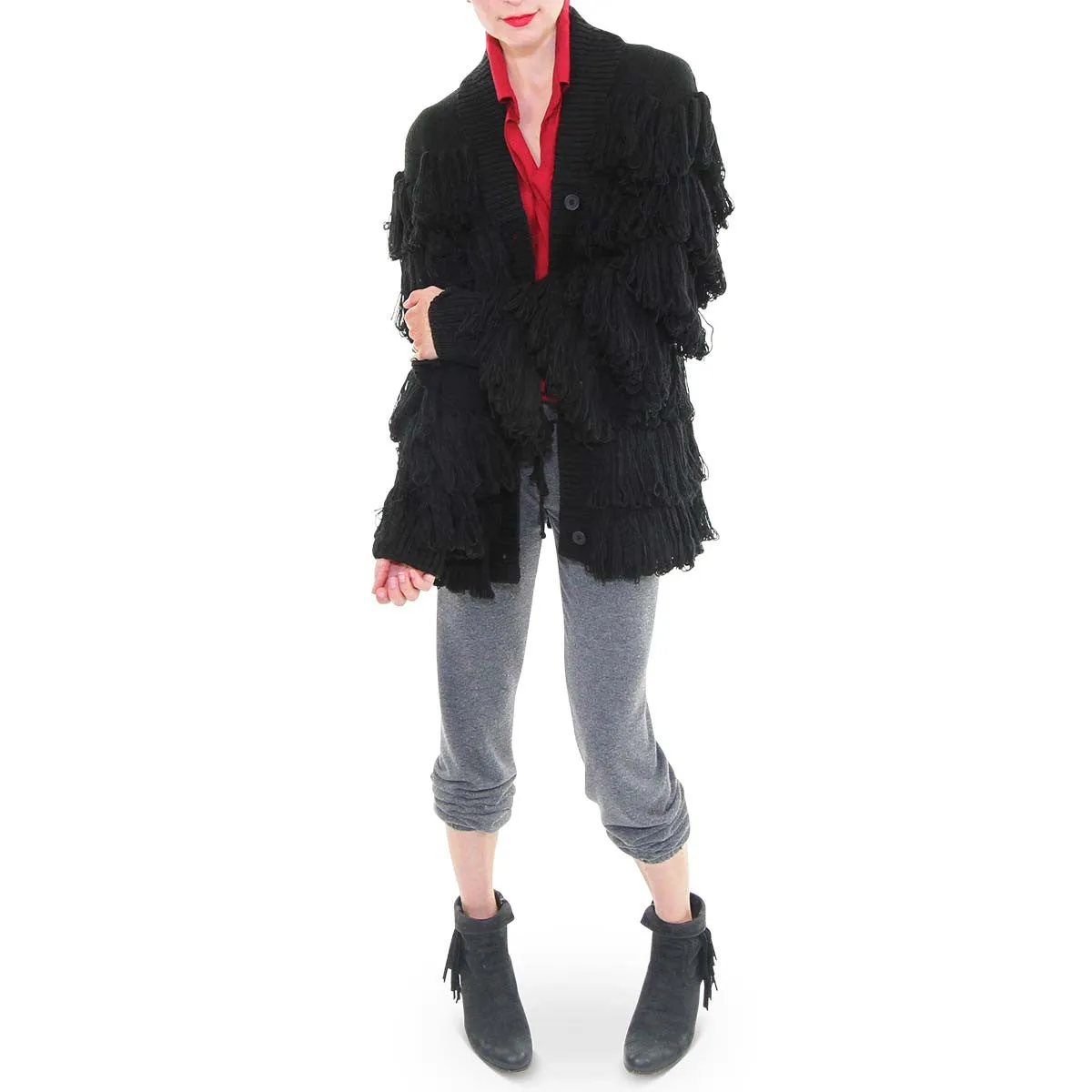 Button Up Fringe Sweater Coat - Black