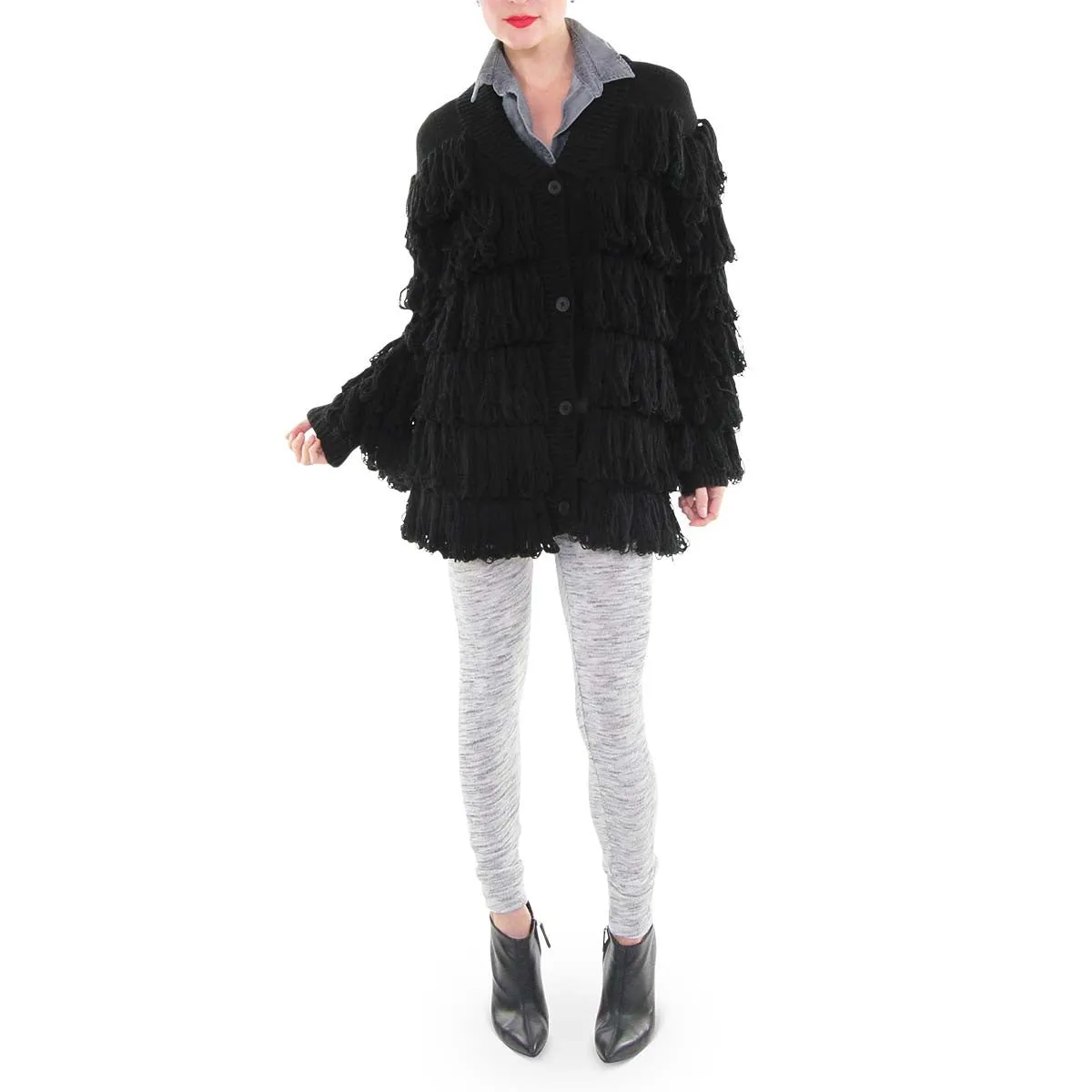 Button Up Fringe Sweater Coat - Black