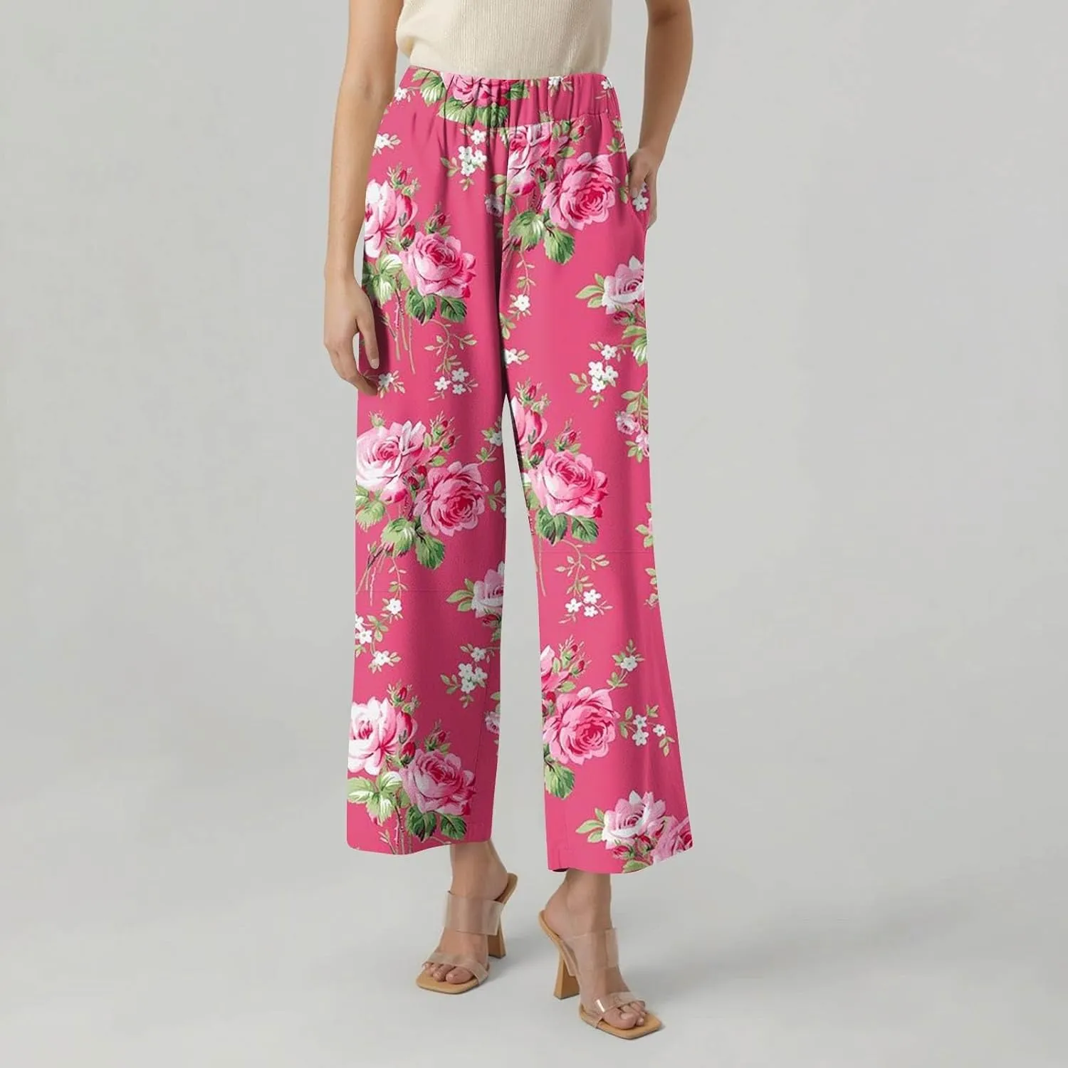 Cropped Linen Pants Women Plus Size High Waist Wide Leg Ankle Length Striped Pants Beach Vacation Trousers with Pockets