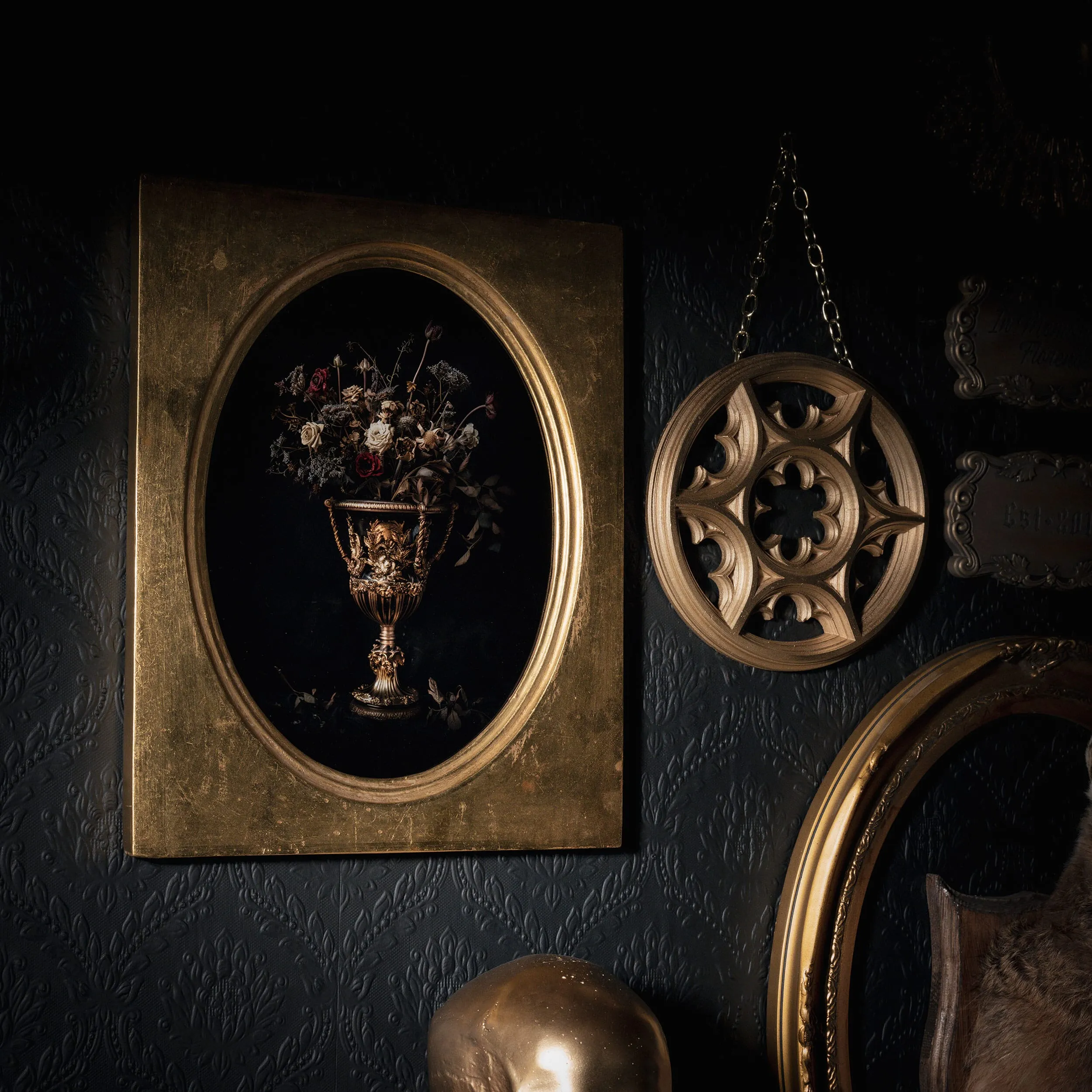 Dark Floral Urn I - Oval Framed Artwork