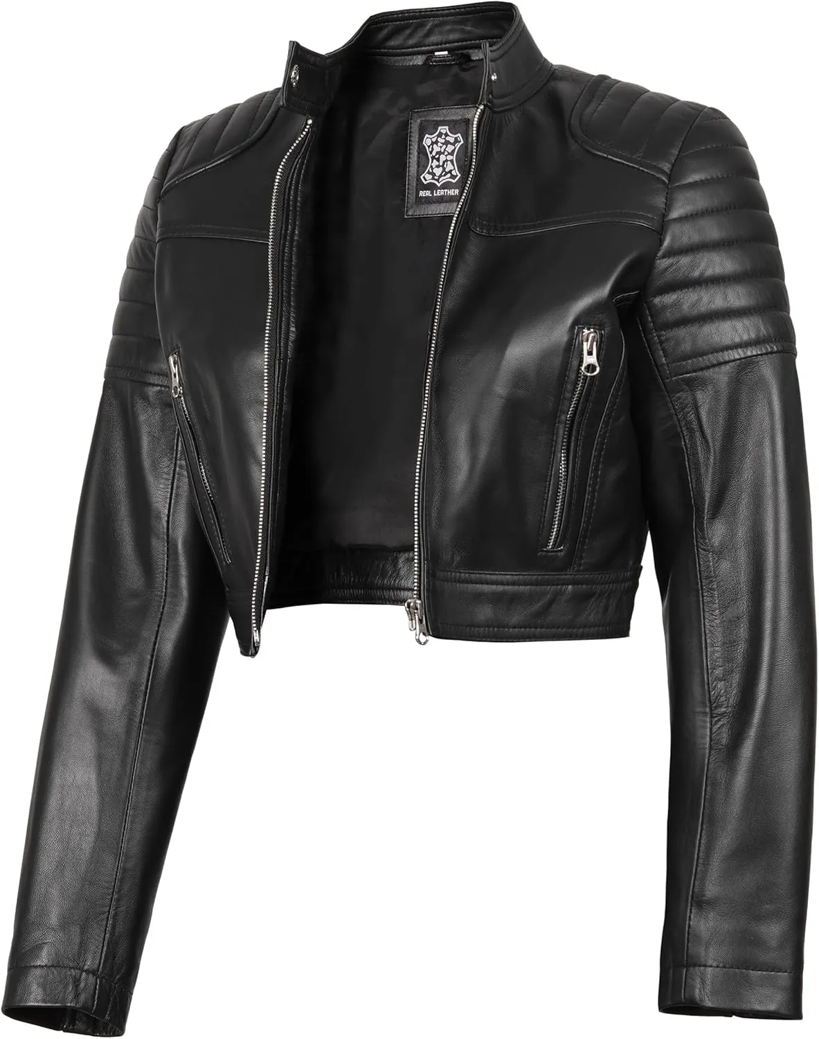 Decrum Cropped Leather Jacket Women  Trendy Short Real Lambskin Womens Leather Jacket