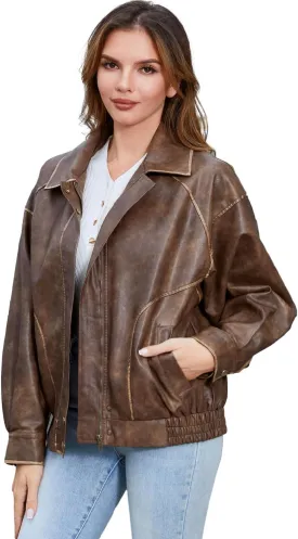 DIASHINY Faux Leather Jacket For Women Moto Biker Zip Up Motorcycle Loose Outwear