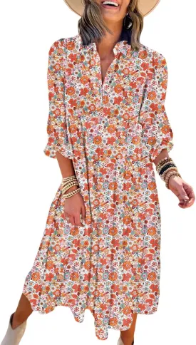 Dokotoo Women's Casual Loose Bohemian Floral Dresses 2025 Long Puff Sleeve V Neck Ruffle A Line Flowy Summer Beach Dress