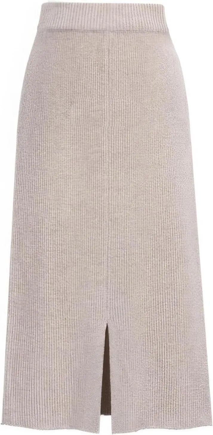 ebossy Women's Winter Warm High Waist Side Slit Wool Blend Long Skirts Rib Knit Stretchy Bodycon Pencil Skirt