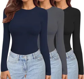 Ekouaer Womens 3 Pack Long Sleeve Shirts Crew Neck Stretch Fitted Underscrubs Trendy Basic Tops Lightweight Thermal Tee