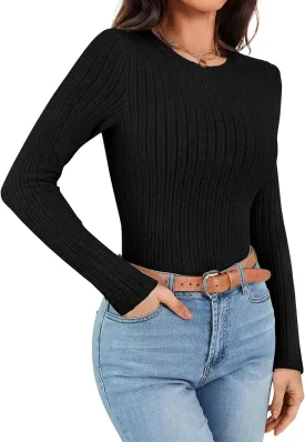 Ekouaer Womens Long Sleeve Ribbed Shirts Trendy Fitted Tops Thermal Under Scrub Crew Neck Soft Fleece Basic Layering