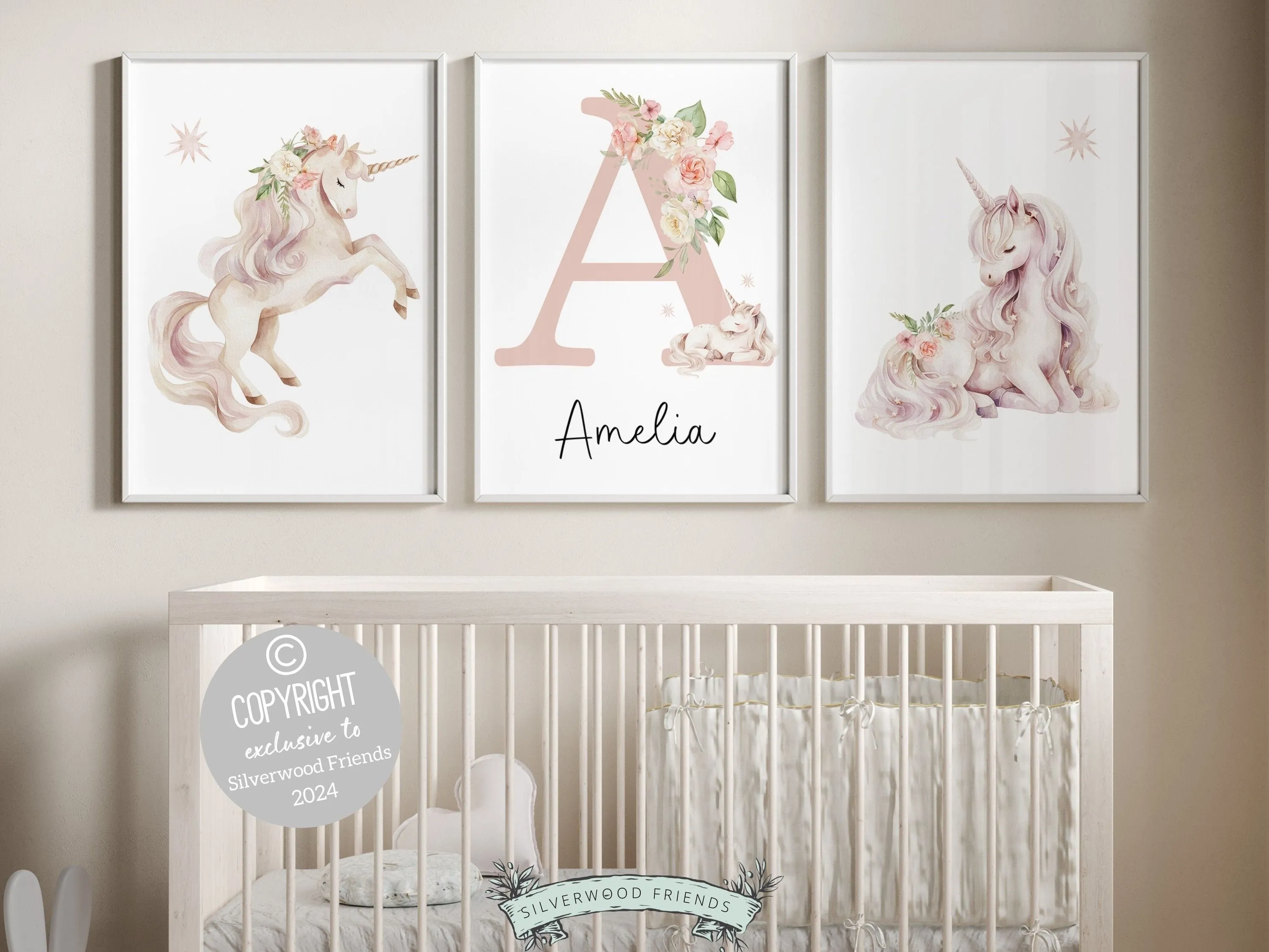 Floral Unicorn Nursery Prints - Personalised