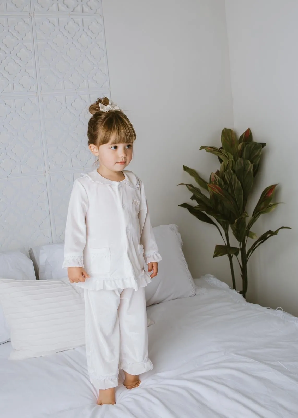 Girls Luxury White Velvet Frill Pyjamas