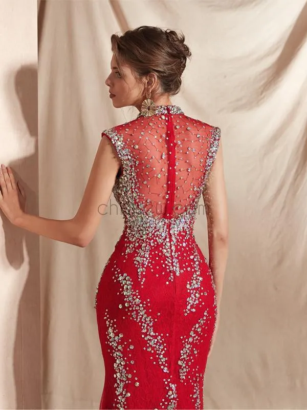 Gorgeous Cap Sleeeves Red Lace Mermaid Long Evening Prom Dresses ,XDM1126