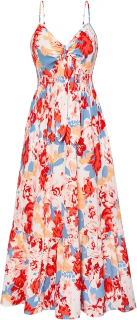 GRACE KARIN Women's 2025 Summer Maxi Dress Floral Tie Front Spaghetti Strap Casual Boho Beach Flowy Sundress with Pockets