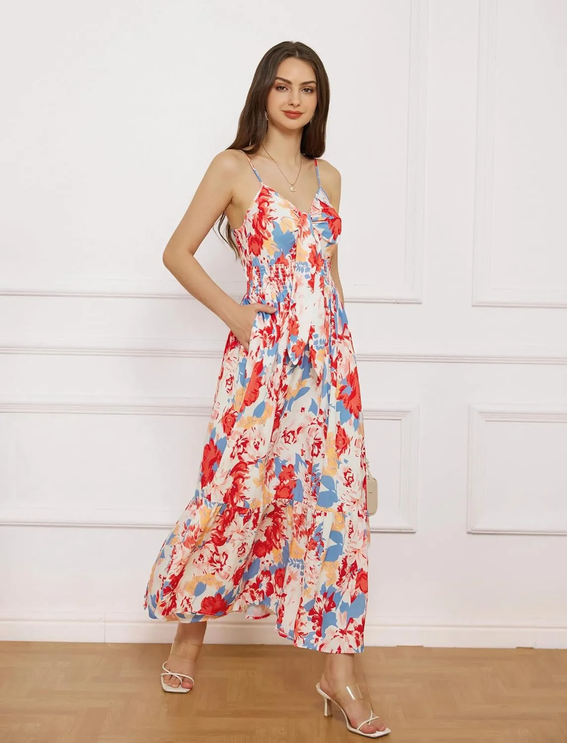 GRACE KARIN Women's 2025 Summer Maxi Dress Floral Tie Front Spaghetti Strap Casual Boho Beach Flowy Sundress with Pockets