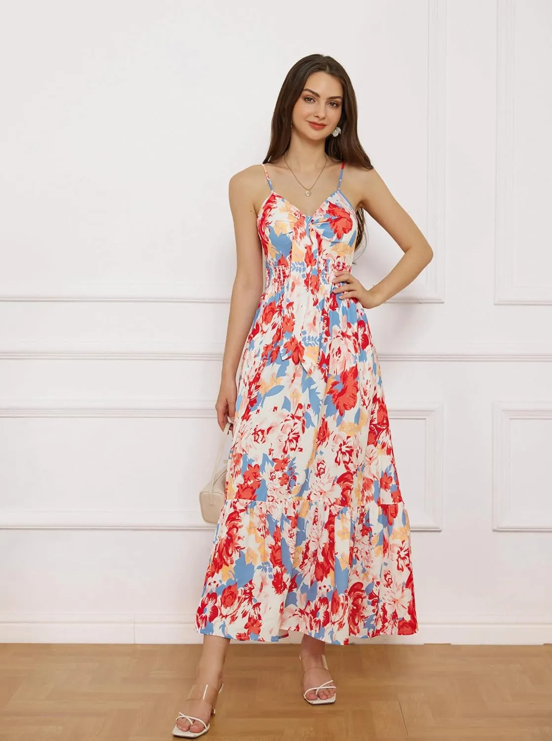 GRACE KARIN Women's 2025 Summer Maxi Dress Floral Tie Front Spaghetti Strap Casual Boho Beach Flowy Sundress with Pockets