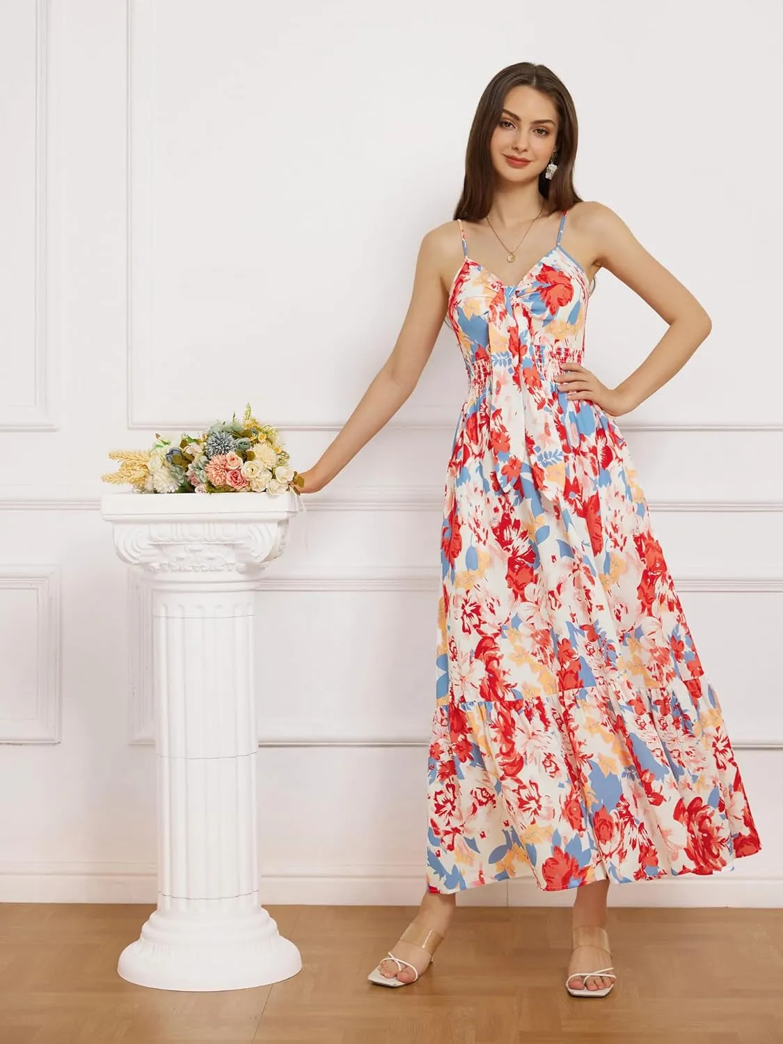 GRACE KARIN Women's 2025 Summer Maxi Dress Floral Tie Front Spaghetti Strap Casual Boho Beach Flowy Sundress with Pockets