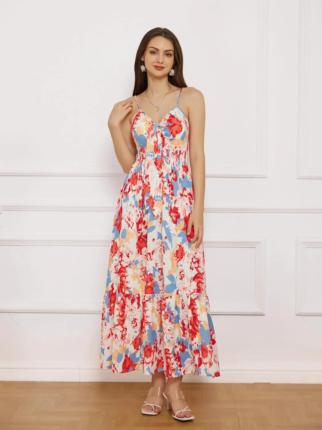 GRACE KARIN Women's 2025 Summer Maxi Dress Floral Tie Front Spaghetti Strap Casual Boho Beach Flowy Sundress with Pockets