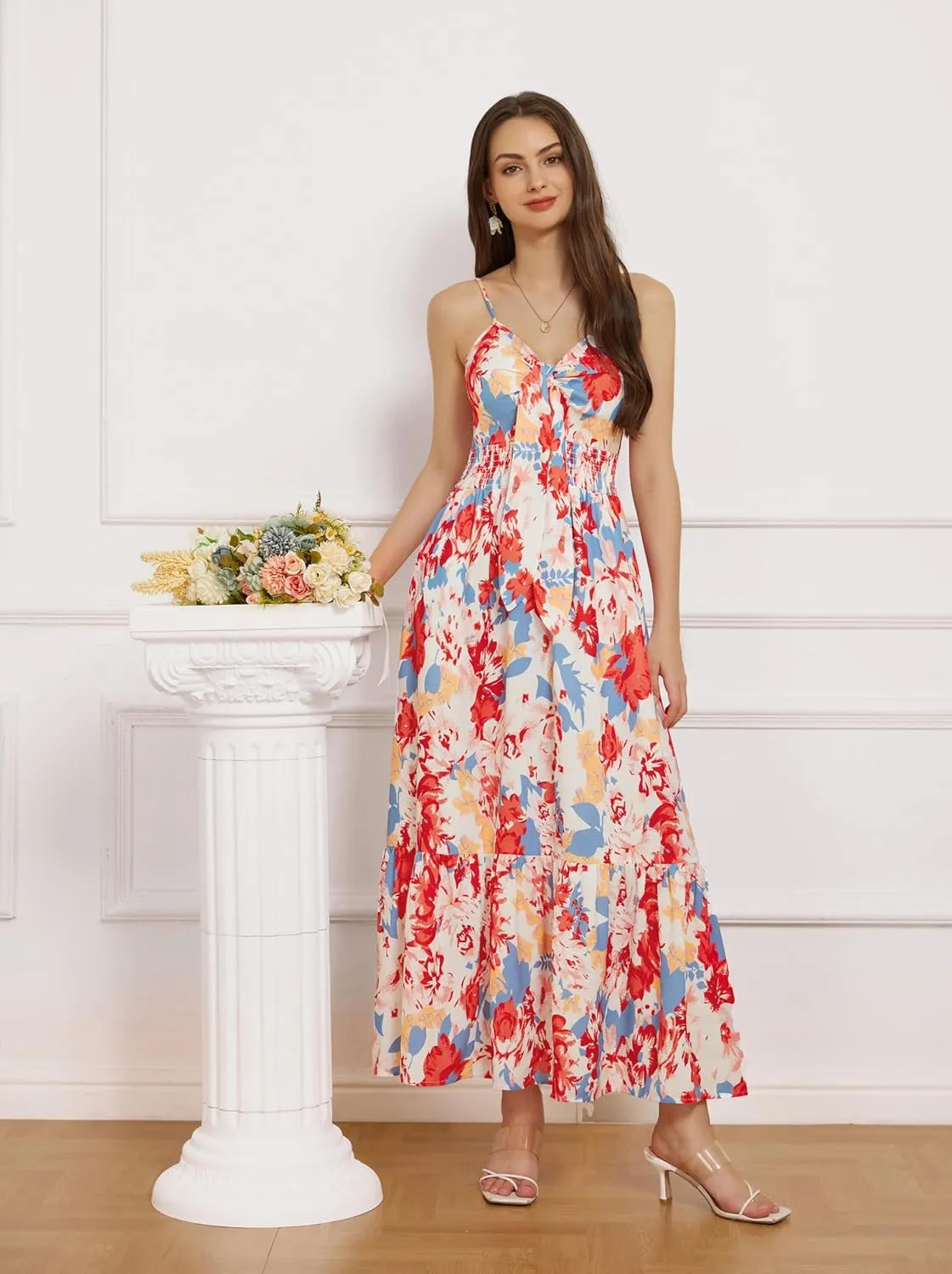 GRACE KARIN Women's 2025 Summer Maxi Dress Floral Tie Front Spaghetti Strap Casual Boho Beach Flowy Sundress with Pockets