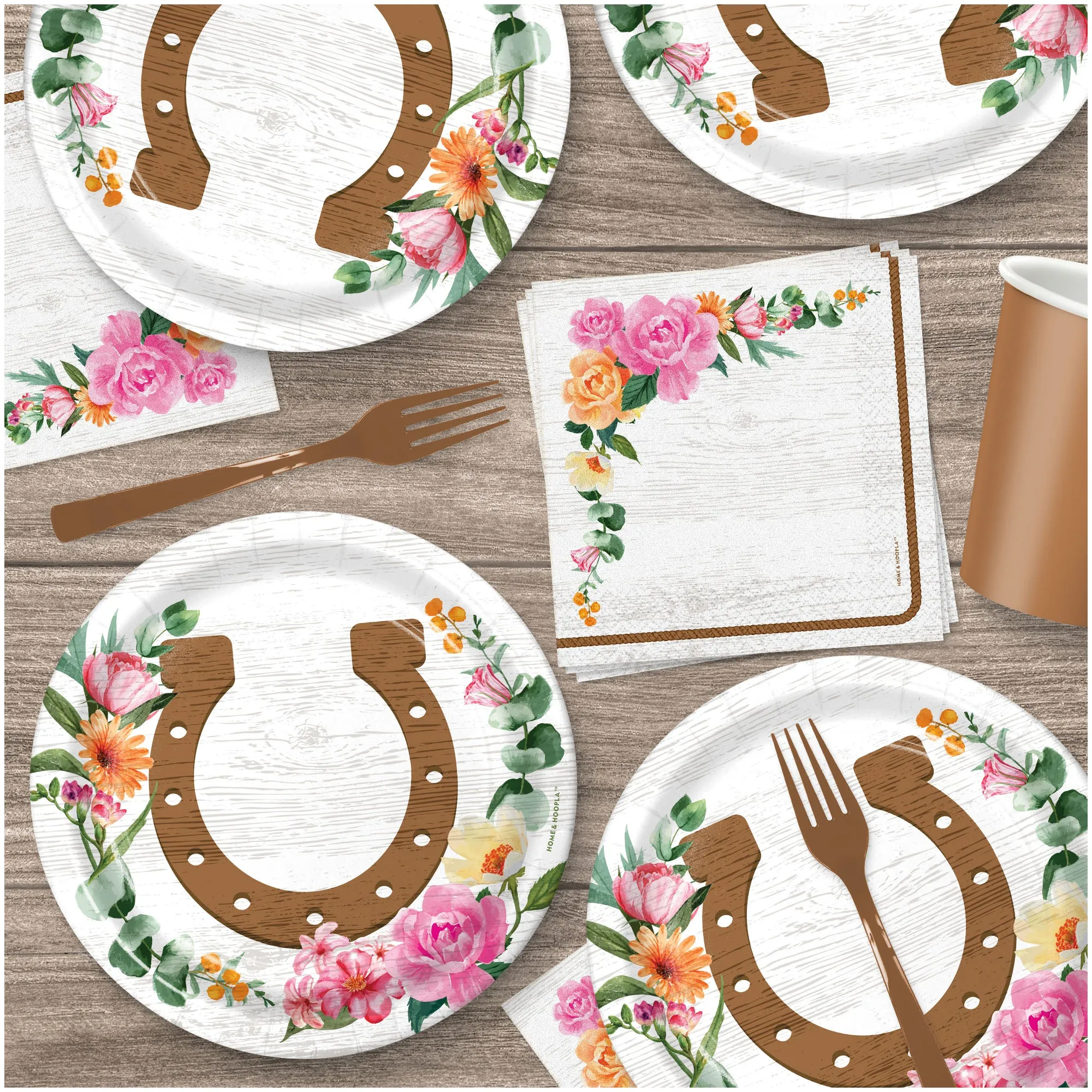 Horse Party Wood & Floral Party Horseshoe Paper Dessert Plates and Beverage Napkins For Cowgirl Party Decorations (16 Plates & Napkins)