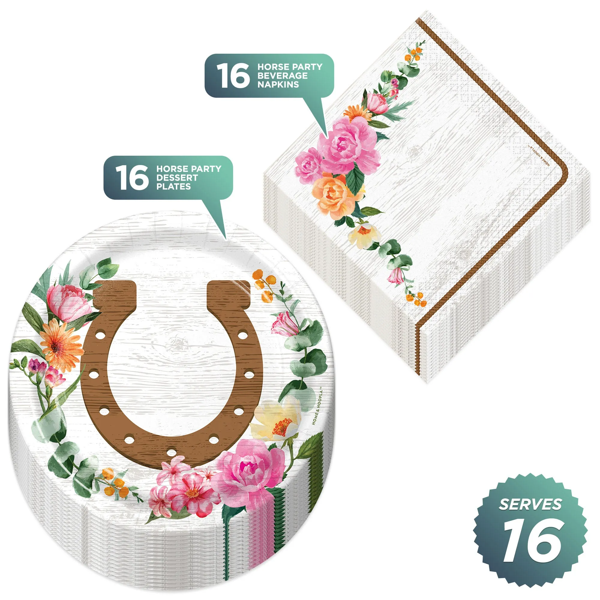 Horse Party Wood & Floral Party Horseshoe Paper Dessert Plates and Beverage Napkins For Cowgirl Party Decorations (16 Plates & Napkins)