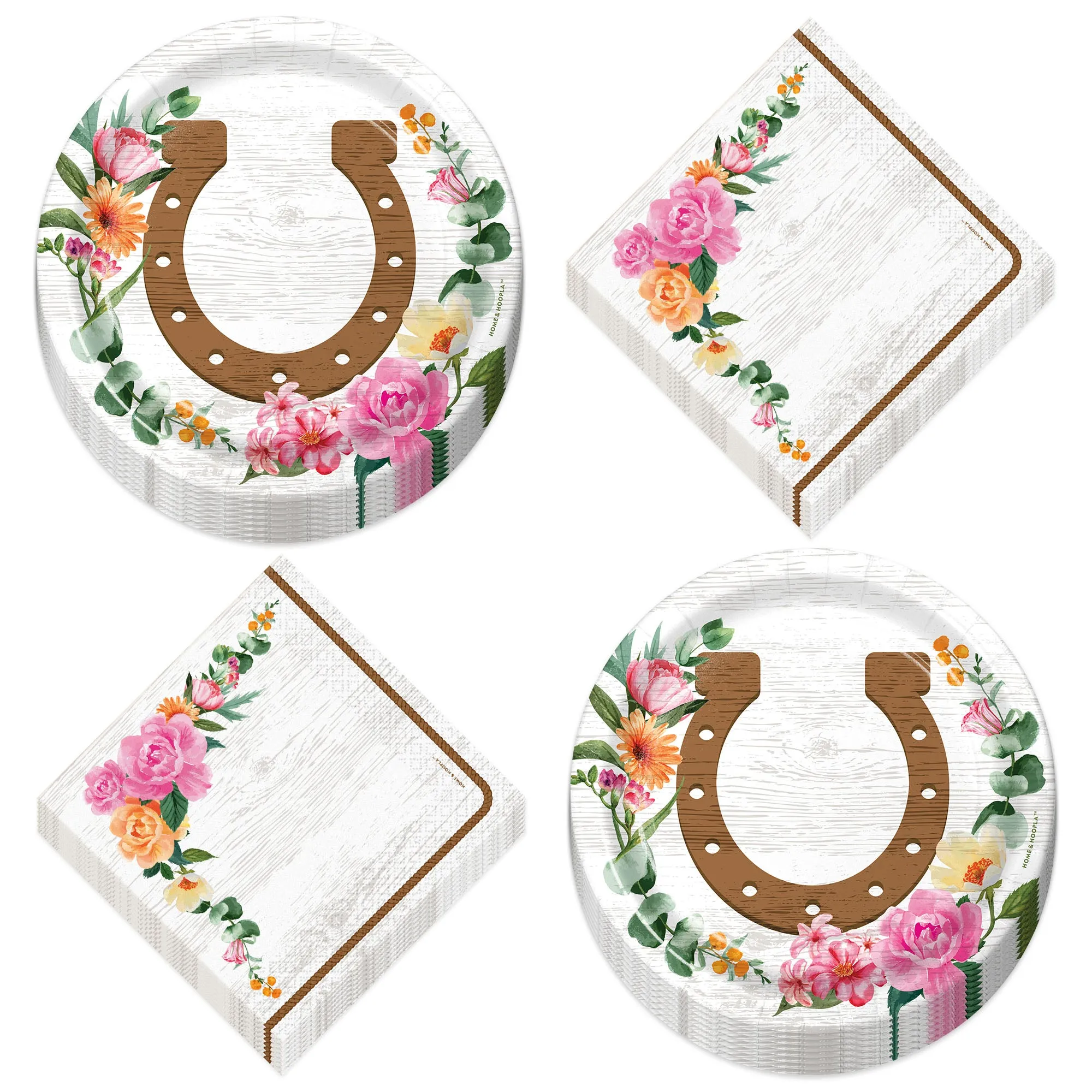 Horse Party Wood & Floral Party Horseshoe Paper Dessert Plates and Beverage Napkins For Cowgirl Party Decorations (16 Plates & Napkins)