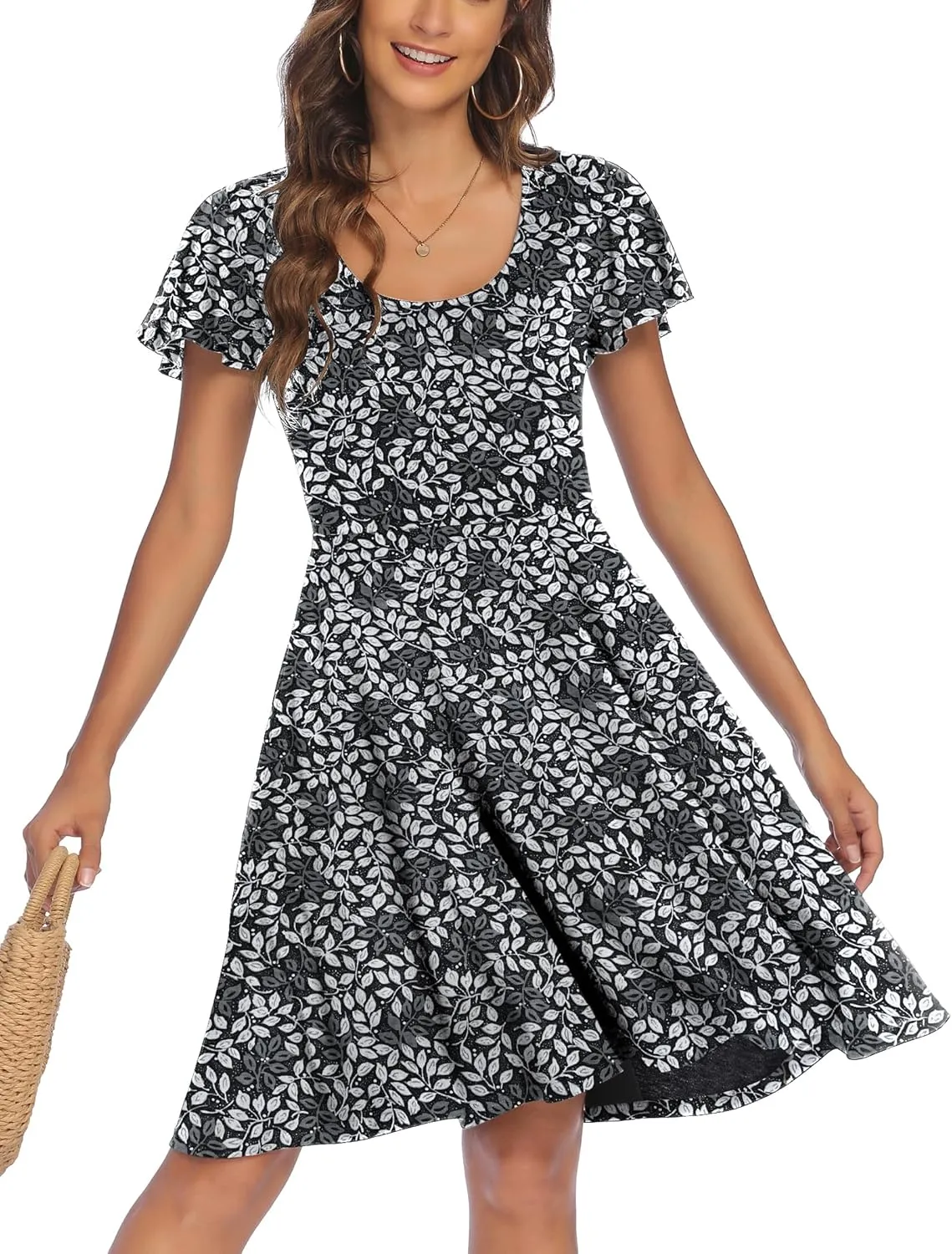HOTOUCH Women's Casual Dress Floral Summer Dress Ruffle Sleeve Crewneck Flowy Swing Mini Dresses with Pockets