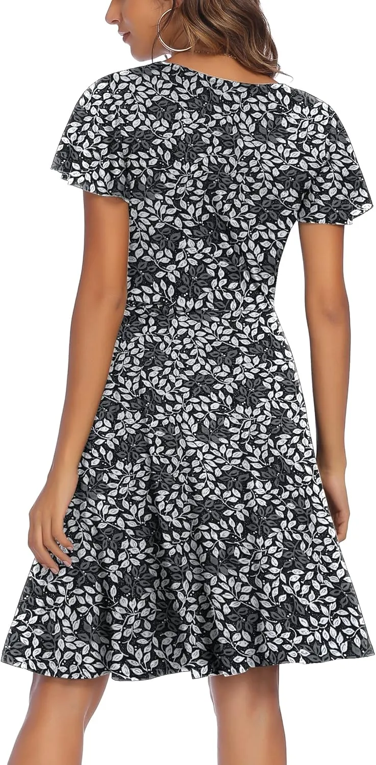 HOTOUCH Women's Casual Dress Floral Summer Dress Ruffle Sleeve Crewneck Flowy Swing Mini Dresses with Pockets