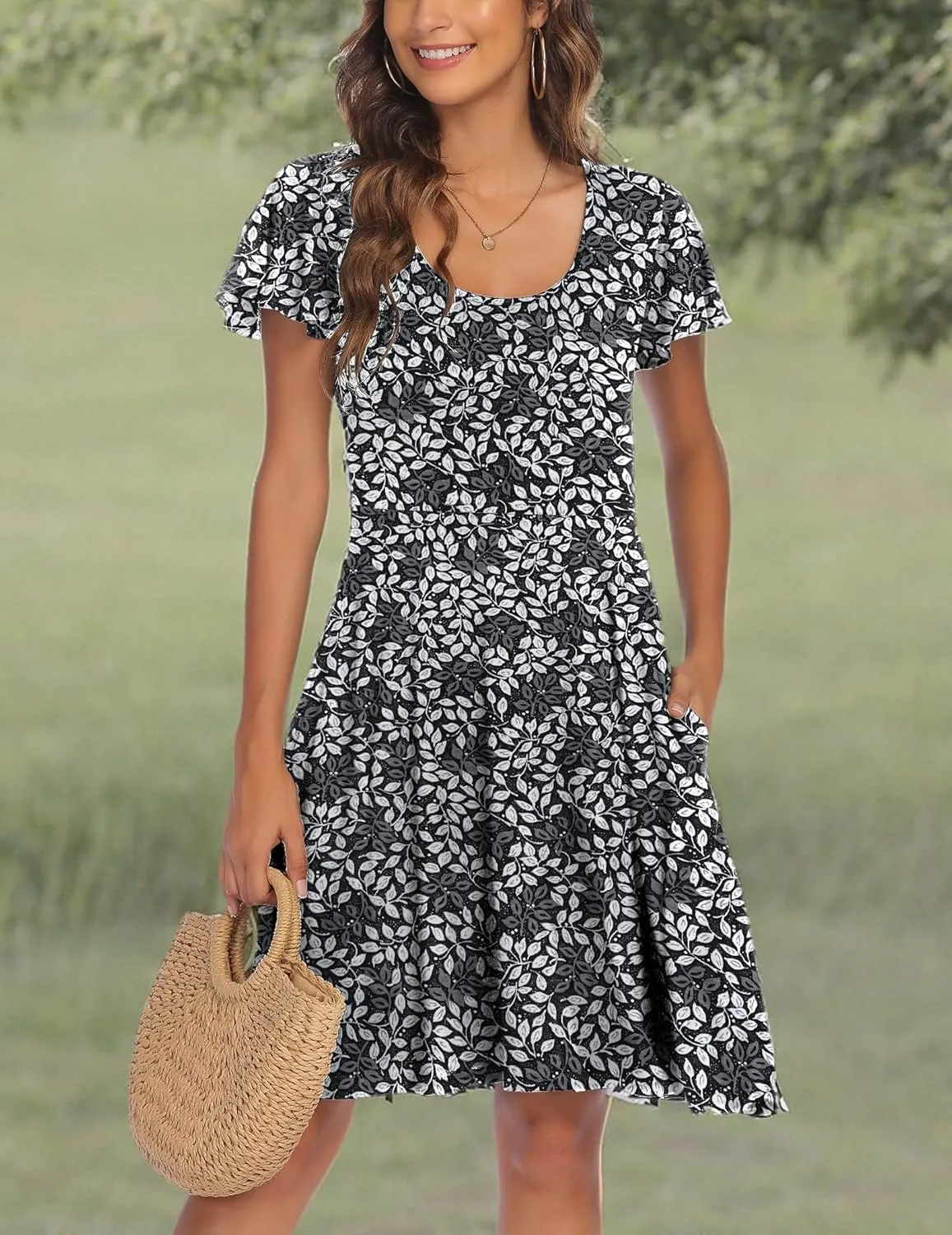 HOTOUCH Women's Casual Dress Floral Summer Dress Ruffle Sleeve Crewneck Flowy Swing Mini Dresses with Pockets