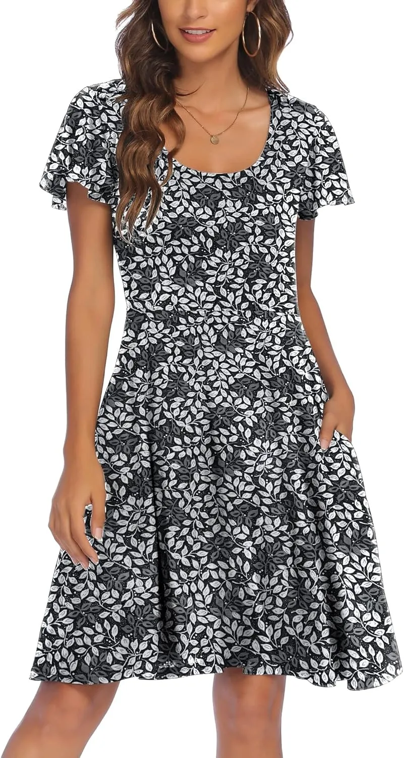 HOTOUCH Women's Casual Dress Floral Summer Dress Ruffle Sleeve Crewneck Flowy Swing Mini Dresses with Pockets