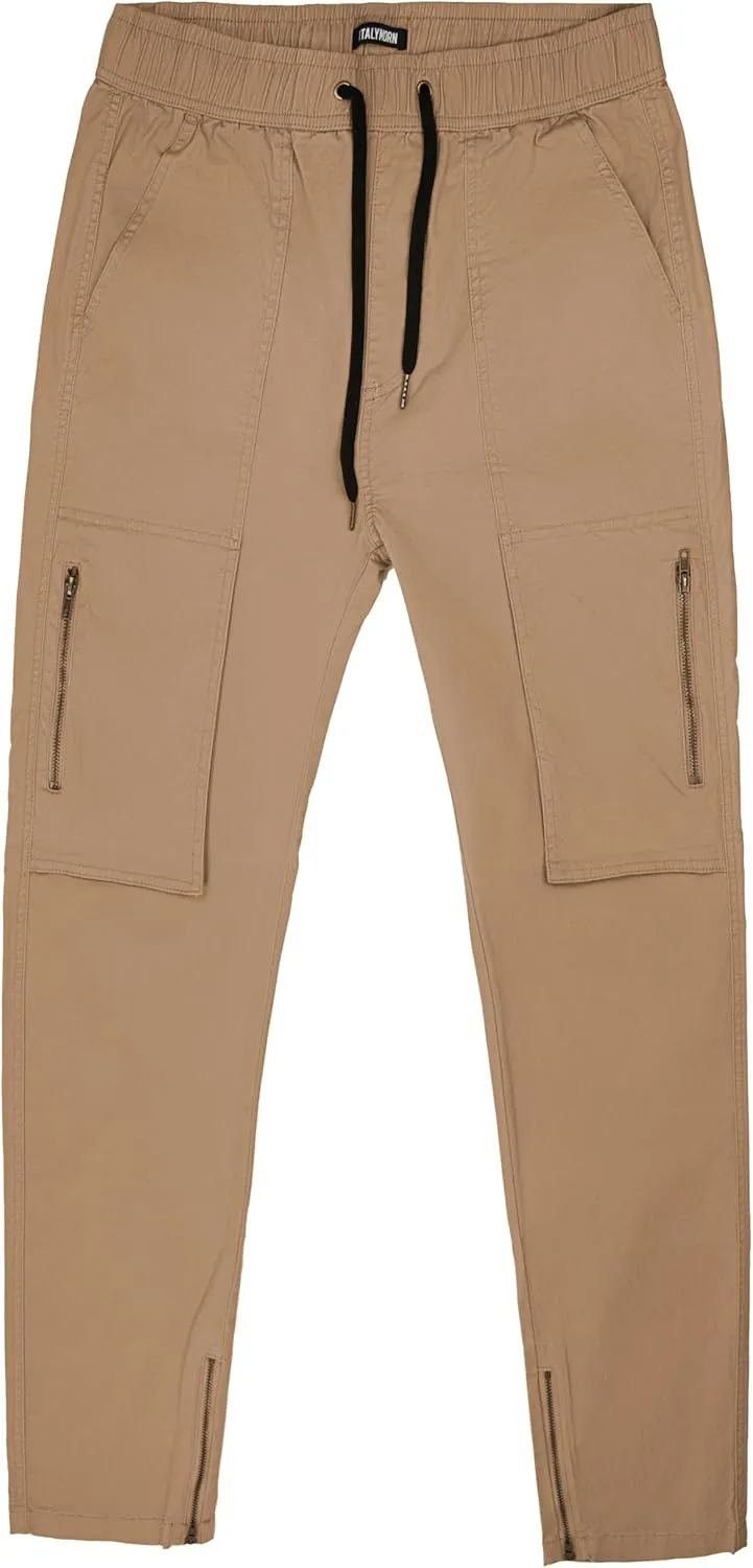 ITALYMORN Slim Fit Khaki Cargo Joggers for Men with Zipper Ankle Stretch Casual Chino Pants