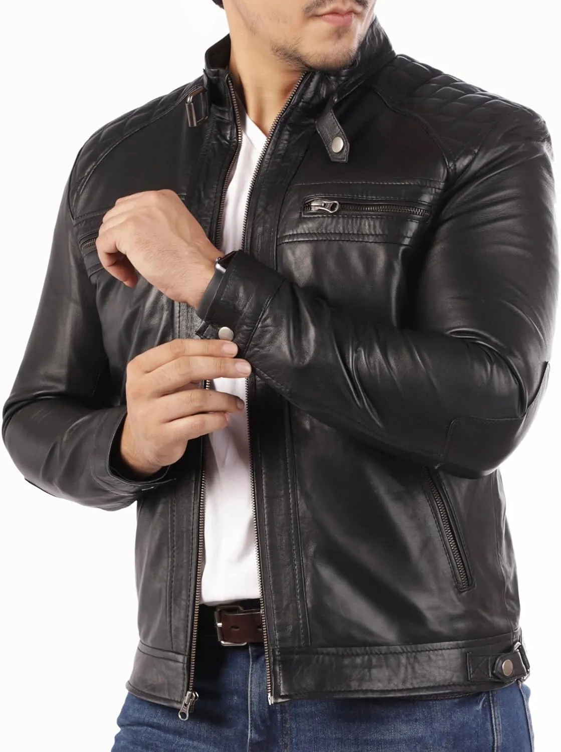 Jild Signature Diamond Style Lambskin Leather Jacket Men - Premium Leather Caf Racer Vintage Look Motorcycle Jacket Men
