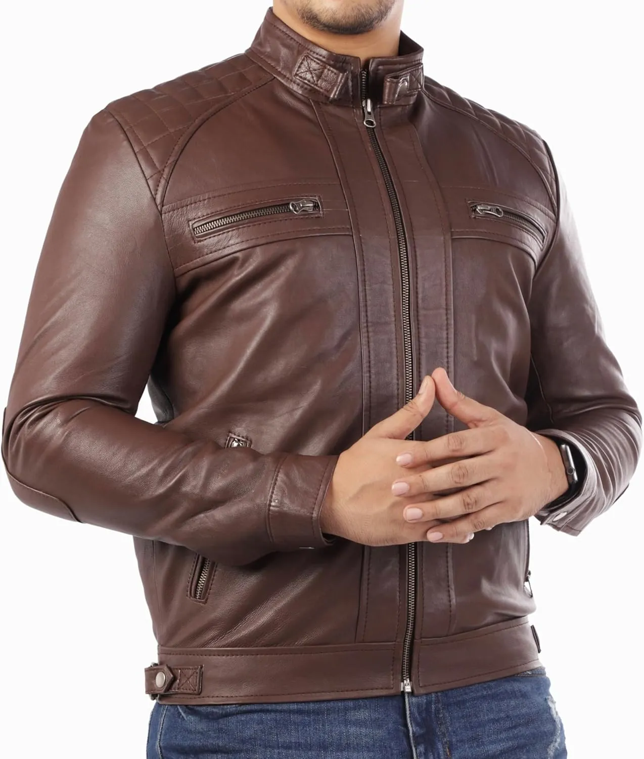 Jild Signature Diamond Style Lambskin Leather Jacket Men - Premium Leather Caf Racer Vintage Look Motorcycle Jacket Men