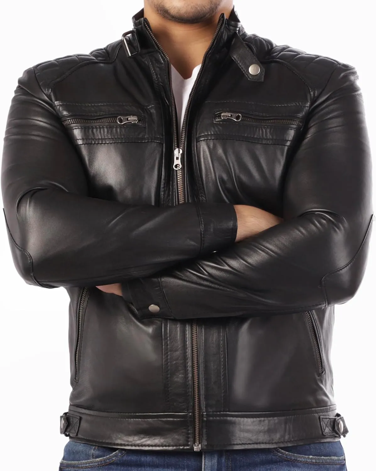 Jild Signature Diamond Style Lambskin Leather Jacket Men - Premium Leather Caf Racer Vintage Look Motorcycle Jacket Men