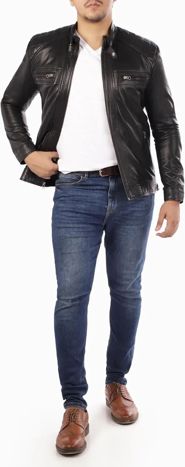 Jild Signature Diamond Style Lambskin Leather Jacket Men - Premium Leather Caf Racer Vintage Look Motorcycle Jacket Men