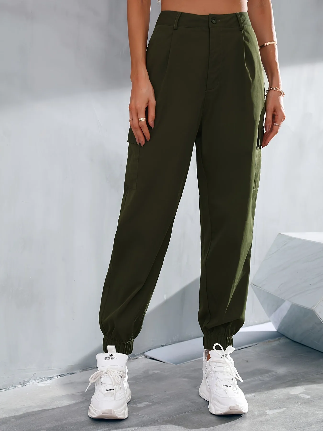 Khaki Long Slant Pockets Belted Pants