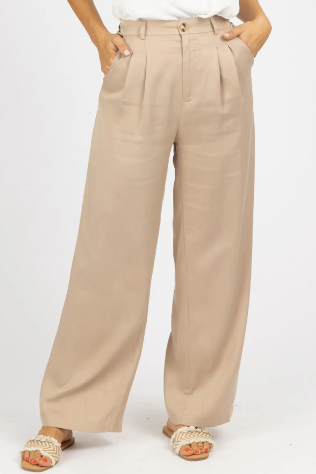 KHAKI PLEATED WOVEN PANTS